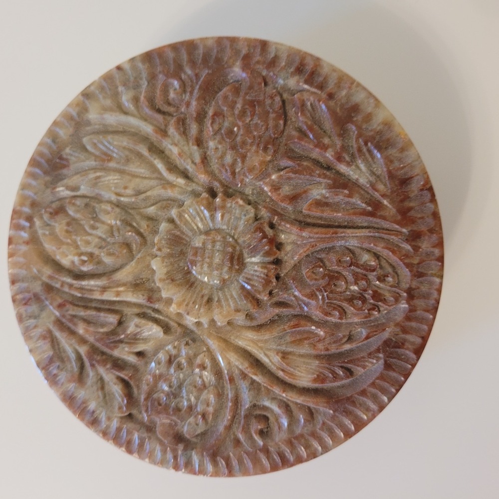Australian carved Soapstone Trinket Box  Flowers - approx 3.75" x 1" Beautiful!